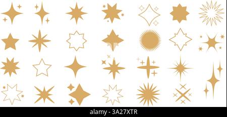 Collezione di icone Golden Stars. Scintillanti stelle gialle per la decorazione. Illustrazione Vettoriale