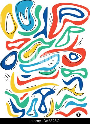 Motivo vibrante e astratto con forme organiche e audaci nei colori primari, delineato in nero, su uno sfondo bianco pulito. Design divertente e moderno. Illustrazione Vettoriale