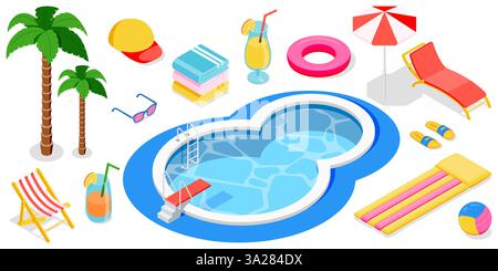 Piscina all'aperto, sedie a sdraio, lettini, palme, asciugamani giocattoli in gomma elementi di design isometrici 3d. Vector hotel resort, aquapark icona delle vacanze estive Illustrazione Vettoriale