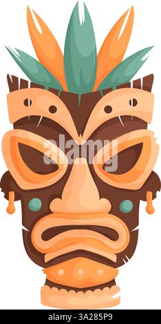 Illustrazione di una maschera tribale dettagliata in tonalità arancione, verde acqua e marrone, con una corona a foglia audace e dettagli geometrici. Intricata M tribale Illustrazione Vettoriale