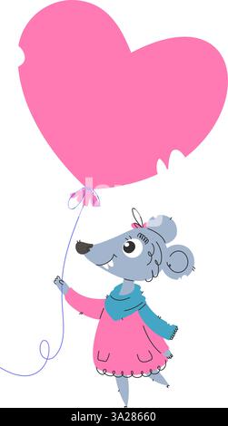 Adorabile illustrazione a cartoni animati di un allegro topo che indossa un abito rosa e una sciarpa blu, che regge un palloncino a forma di cuore, simboleggia l'amore, la gioia e la patatina Illustrazione Vettoriale