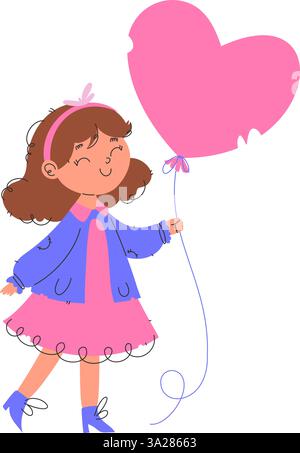 Adorabile illustrazione a fumetto di una ragazza sorridente con un abito rosa e una giacca blu che regge un palloncino rosa a forma di cuore, simboleggia la gioia e l'amore. Carino gi Illustrazione Vettoriale