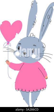 Adorabile illustrazione a fumetto di un coniglietto sorridente che indossa un abito rosa e tiene in mano un palloncino a forma di cuore, simboleggia l'amore, la gioia e l'innocenza. Illustrazione Vettoriale