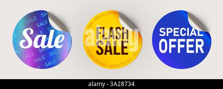 Set di icone tag. Saldi, offerta speciale, saldi Flash. Etichette per la spesa. Adesivi arricciati su sfondo bianco. Illustrazione vettoriale Illustrazione Vettoriale