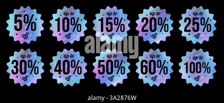 Set di adesivi al neon colorati, etichetta con effetto olografico. Le percentuali dell'arcobaleno lucido isolate rappresentano gli emblemi. Illustrazione vettoriale Illustrazione Vettoriale