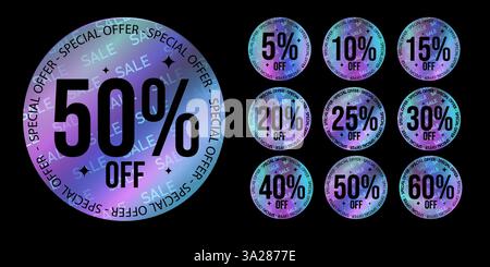 Set di adesivi al neon colorati, etichetta con effetto olografico. Le percentuali dell'arcobaleno lucido isolate rappresentano gli emblemi. Illustrazione vettoriale Illustrazione Vettoriale