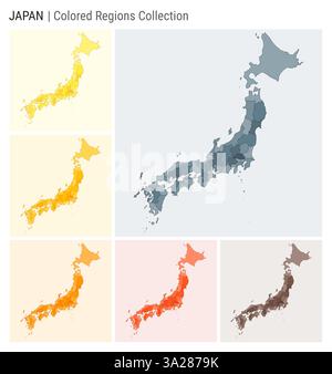 Raccolta mappe Giappone. Forma del paese con regioni colorate. Blu grigio, giallo, ambra, arancione, arancione profondo, tavolozze di colore marrone. Illustrazione Vettoriale