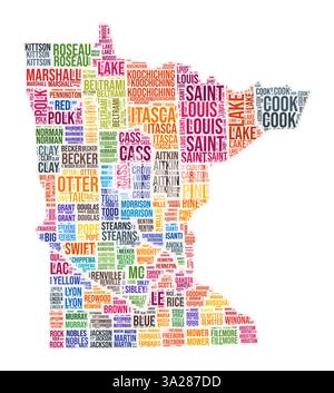 Cloud di parole della contea del Minnesota. Design della forma dello stato. Illustrazione a colori Minnesota. I nomi delle contee collage cloud. Illustrazione vettoriale. Illustrazione Vettoriale
