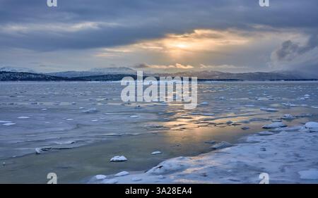 Paesaggio costiero invernale mooso vicino a Gibostad sull'isola di Senja nel nord della Norvegia Foto Stock