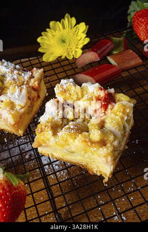 Torta di fragole e rabarbaro con crumble Foto Stock