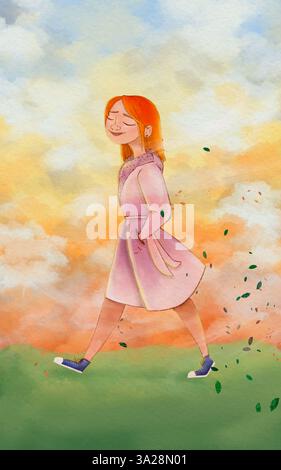 Una donna che cammina pacificamente in un paesaggio al tramonto. Illustrazione calda e artistica che trasmette pace, introspezione e benessere emotivo. Foto Stock