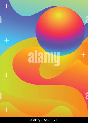 Colorate linee liquide per il modello di invito per Beach Dance Party. illustrazione del vettore a colori vibranti in stile acido gradiente 3d. Illustrazione Vettoriale