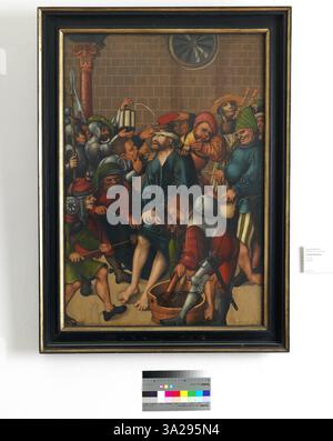 "Verspottung Christi" (la presa in giro di Cristo) descrive il momento dell'incoronazione di Cristo con le spine, illustrando la crudeltà che ha subito prima della sua crocifissione. Dipinto da Lucas Cranach il Vecchio tra il 1515 e il 1520, l'opera cattura la scena violenta e derisa con dettagli severi. Foto Stock