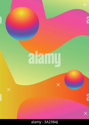 Sfondo delle linee funky Acid Color per il modello Summer Beach Party. illustrazione del vettore a colori vibranti in stile acido gradiente 3d. Illustrazione Vettoriale