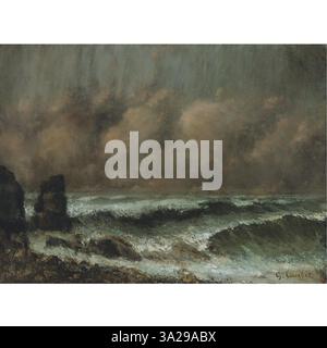 "La Vague" (The Wave) di Gustave Courbet presenta un'onda potente che si schianta sulla riva. Il dipinto esemplifica la capacità di Courbet di catturare la forza e il movimento della natura in modo altamente realistico, utilizzando pennellate dinamiche e colori vivaci. Foto Stock