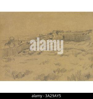 Questo disegno del 1888 intitolato "The Walled Wheatfield" mostra un angolo di un campo di grano racchiuso da un muro dietro l'ospedale di San Paolo, illustrando l'interesse di Van Gogh per i paesaggi rurali e i temi agricoli. Foto Stock