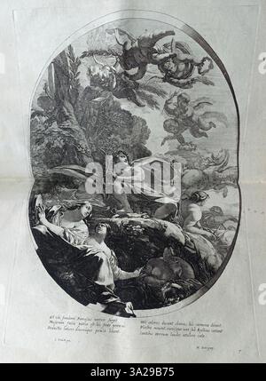 La lastra 5 della serie raffigura Apollo che suona la sua lira sul monte Parnaso, circondato da Muse e putti alati, che riflettono l'idealismo artistico della mitologia rinascimentale. Foto Stock