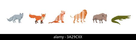 Pixel art Animal Row con lupo, volpe, ghepardo, leone, bisonte, e coccodrillo Illustrazione Vettoriale