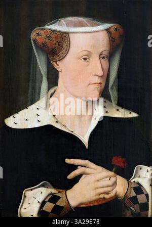 Questo ritratto di Jan Mostaert raffigura Jacoba di Baviera, la contessa d'Olanda e Zelanda. Riflette il suo status nobile e la sua importanza nel XV secolo, mettendo in mostra l'abbigliamento e l'eleganza tipici dell'epoca. Foto Stock
