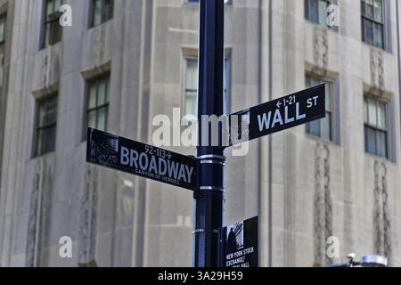Manhattan, New York, USA, Stati Uniti d'America, Nord America, cartelli stradali all'incrocio tra Broadway e Wall Street di fronte a un edificio Foto Stock