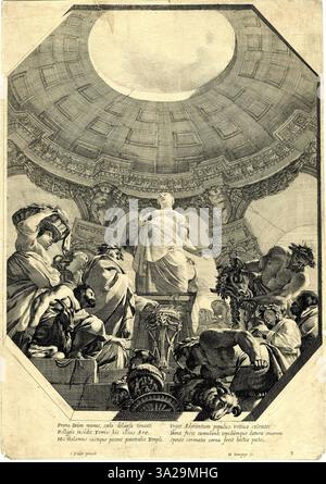 Un'incisione di Dorigny del Porticus Bibliothecae, caratterizzata da intricati elementi architettonici rinascimentali e elementi ornamentali decorativi. Foto Stock