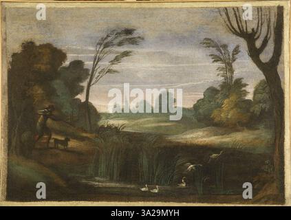 Questo dipinto di Guercino raffigura un cacciatore che uccide anatre in un paesaggio. Il momento cattura l'azione e il movimento, con un'enfasi sull'ambiente naturale e sui contrasti di luce. Foto Stock