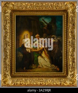 Questa opera ritrae il momento dell'Adorazione dei Magi, catturando il timore e la riverenza dei tre re davanti al Cristo bambino. Foto Stock