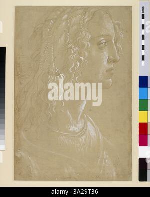 Questo dipinto dello studio di Sandro Botticelli raffigura Simonetta Vespucci, musa e amante della corte fiorentina, spesso ritratta nelle opere di Botticelli. La sua posa graziosa e la sua bellezza eterea sono rese con delicata precisione. Foto Stock