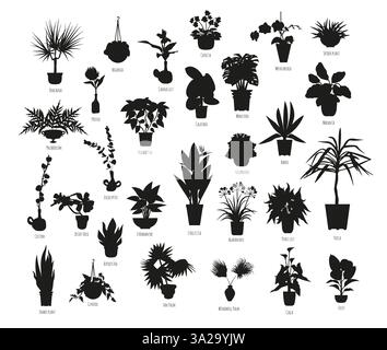 Set di silhouette nere di piante d'appartamento in vaso isolate su sfondo bianco Illustrazione Vettoriale