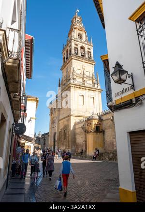 Vista della moschea - torre campanaria della cattedrale, città di Cordova, Andalusia, Spagna. Foto Stock