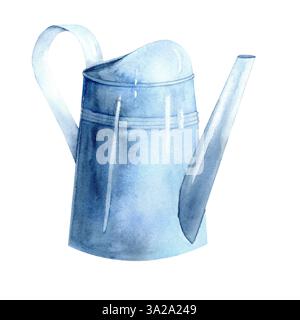 Illustrazione ad acquerello con una bomboletta blu per innaffiare il giardino. Delicati colori pastello creano un'atmosfera di intimità e natura. Il disegno è disegnato a mano. Adatto per carte e inviti. Stampa pronta per tessuti e tipografia Foto Stock