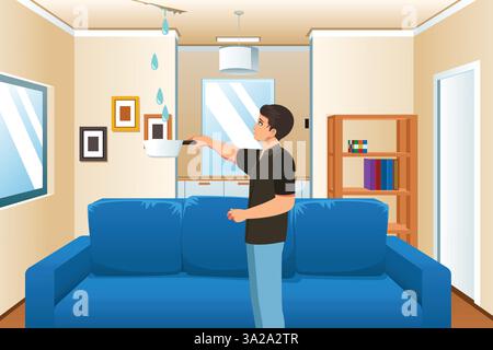 Immagine vettoriale del proprietario dell'abitazione con tetto che perde nel soggiorno Illustrazione Vettoriale