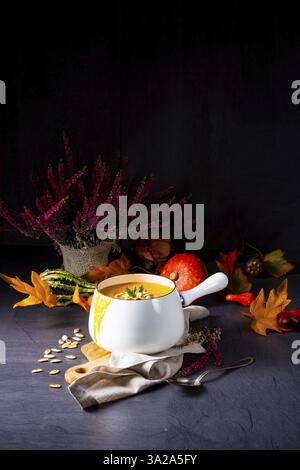 Crema di zuppa di zucca con semi di zucca arrostiti e olio di semi Foto Stock