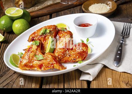 Ali di pollo con spicchi di patate e sezam Foto Stock
