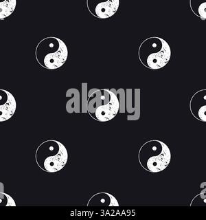 Motivo bianco e nero senza cuciture con simboli yin e yang con texture ruvida Illustrazione Vettoriale