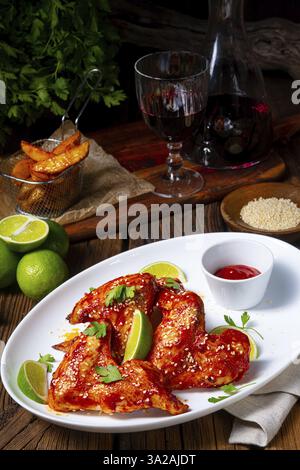 Ali di pollo con spicchi di patate e sezam Foto Stock