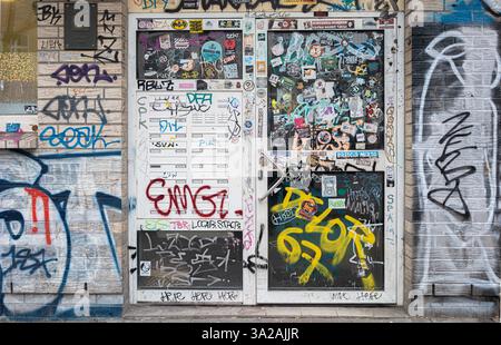 Amburgo, Germania. 10 febbraio 2025. Vista di una porta anteriore ricoperta di graffiti. Credito: Markus Scholz/dpa/Alamy Live News Foto Stock