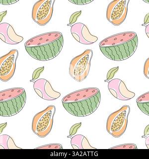 Colorato motivo di frutta con anguria e papaya su sfondo bianco Illustrazione Vettoriale