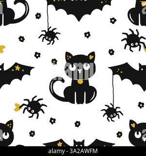 Modello di gatto nero di Halloween disegnato a mano con pipistrelli, ragni e stelle in Una simpatica illustrazione vettoriale spettrale Illustrazione Vettoriale