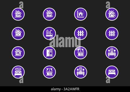 Set di icone circolari viola di immobili che rappresentano acquisto di abitazioni, affitti, gestione di proprietà e progettazione di interni in stile vettoriale Illustrazione Vettoriale