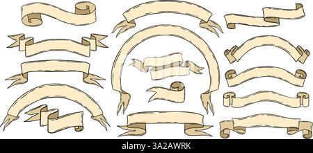 Collezione di striscioni vintage disegnati a mano con nastri curvi per etichette, inviti ed elementi di design decorativi Illustrazione Vettoriale