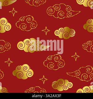 Motivo senza cuciture del vettore con nuvola d'oro con elementi ornamentali su sfondo rosso, ispirato all'arte tradizionale cinese Illustrazione Vettoriale