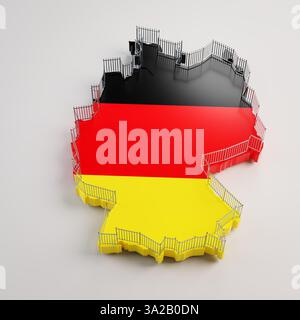 Costruire una recinzione contro la migrazione irregolare intorno al concetto della Germania. Una recinzione di sicurezza costruita intorno a una mappa 3d della Germania con la bandiera tedesca proiettata. Foto Stock