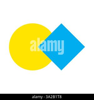 Forma circolare gialla. Icona di diamante blu. Sovrapposizione del progetto geometrico. Sfondo bianco. Illustrazione Vettoriale