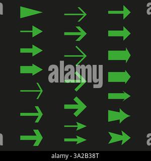 Raccolta freccia verde. Set di forme direzionali. Icone di navigazione semplici. Elementi vettoriali in grassetto. Illustrazione Vettoriale