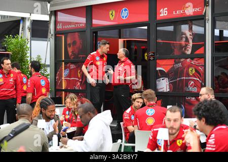 MELBOURNE, AUSTRALIA 13 marzo 2025. Nella foto: Fred Vasseur (fra), il direttore del team Ferrari di Formula 1, in conversazione davanti alla Ferrari Hospitality Suites durante l'Australian Round del Campionato del mondo di Formula 1 2025. Karl Phillipson / Alamy Live News Foto Stock