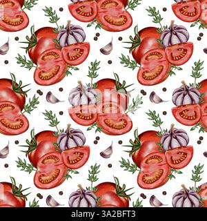 Acquerello senza cuciture con pomodori succosi, aglio ed erbe aromatiche. Perfetto per imballaggi, tessuti, sfondi, sfondi, sfondi, menu, e design gastronomico. Foto Stock