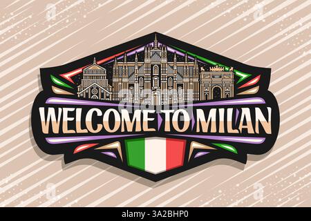 Logo vettoriale per Milano, etichetta decorativa scura con contorno del paesaggio storico di milano sullo sfondo del cielo notturno, art design orizzontale Illustrazione Vettoriale