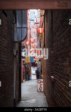 Il quartiere di Chinatown e fan Tan Alley nel centro di Victoria. Foto Stock