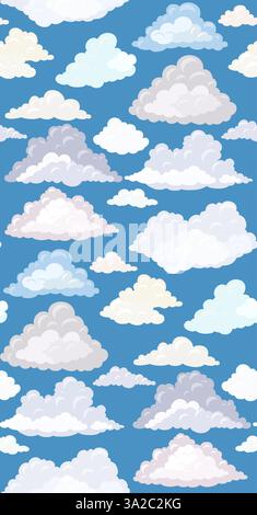 Pattern vettoriale senza cuciture con fumetti disegnati a mano su sfondo blu. Texture Sky con nuvole Cumulus. Simboli dell'aria meteorologica. Illustrazione Vettoriale